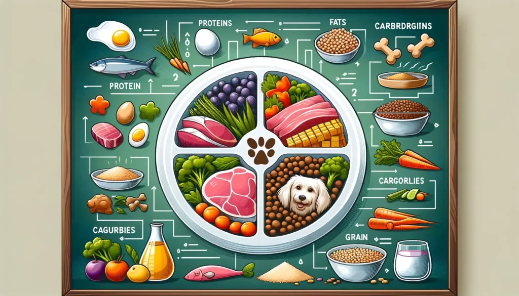 Illustration der Grundelemente der Hundeernährung mit ausgewogener Nahrung.